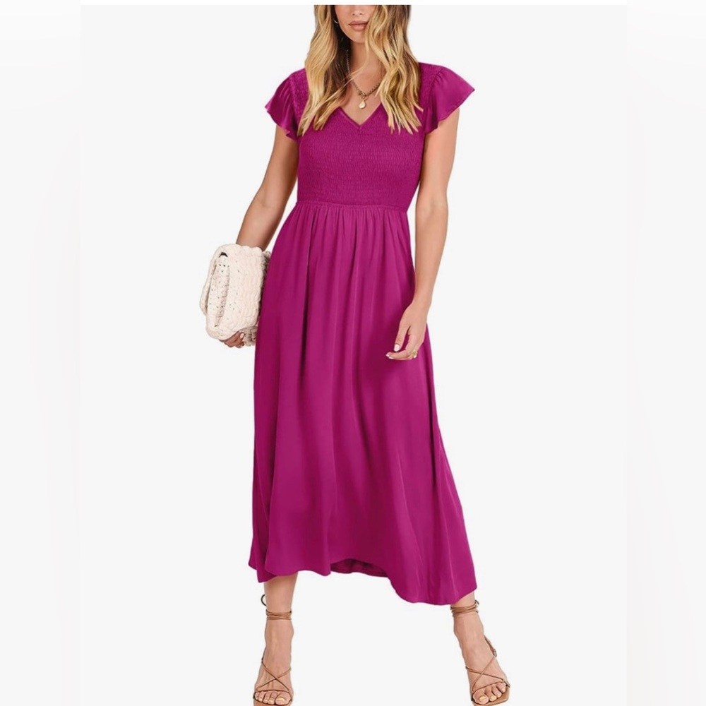 Summer Casual Flutter Sleeve V Neck Deep Rose Dress
